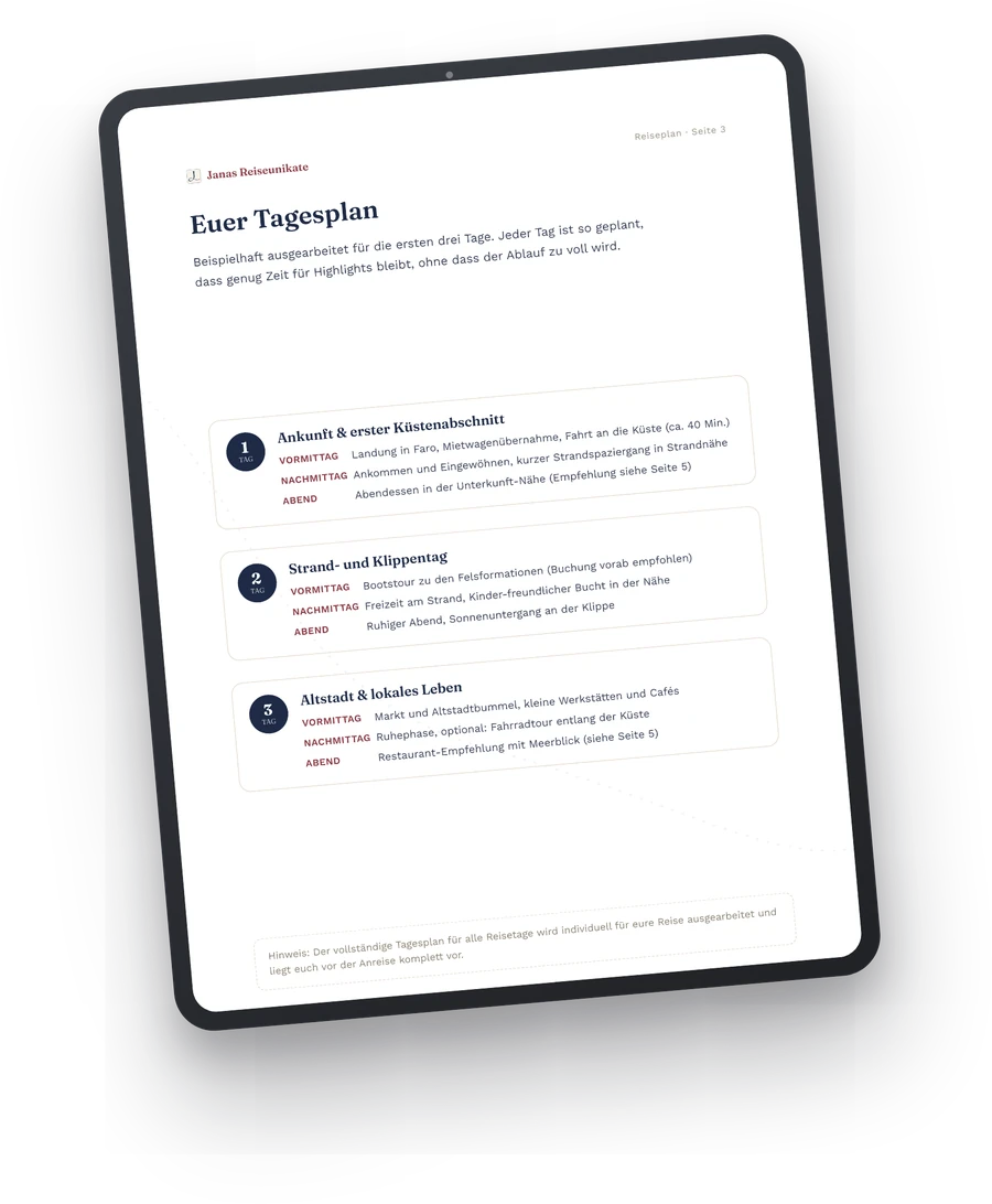 Beispielhafter Ausschnitt aus einem PDF-Reiseplan von Janas Reiseunikate, dargestellt auf einem Tablet